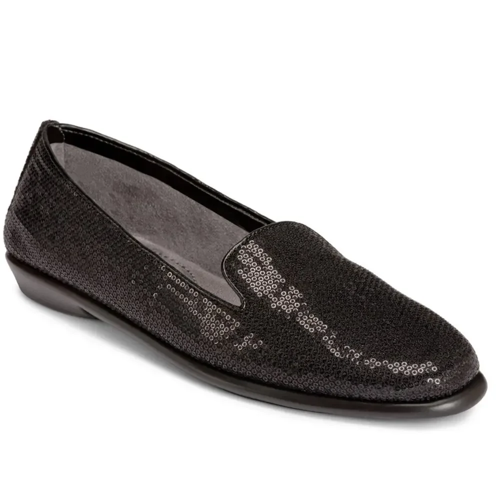 New Sequin Aerosoles Betunia Black Smoking Loafer 5.5 Flats Comfort Costume NIB